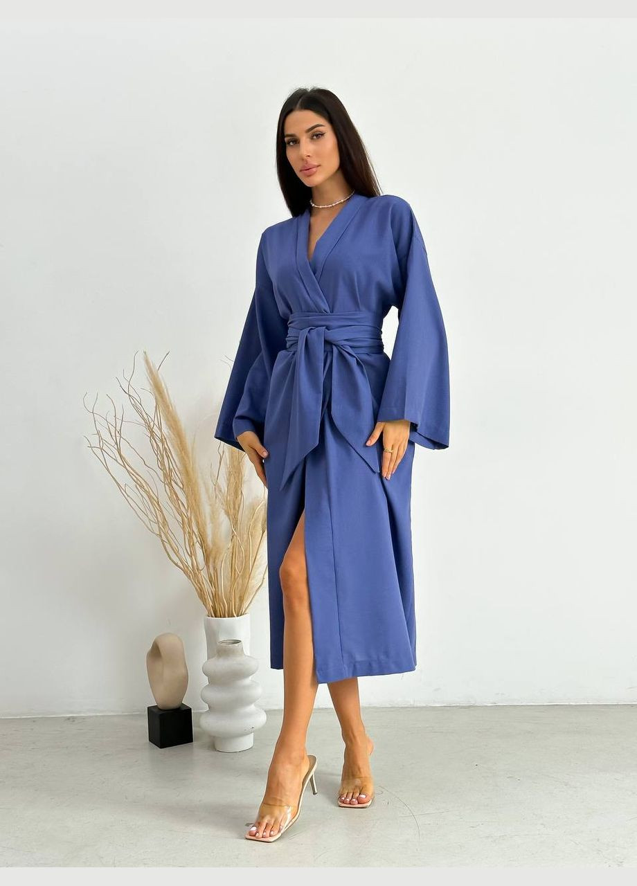 Синее пляжное, повседневный, домашнее, кэжуал стильное платье-кимоно из льна на запах Vakko однотонное