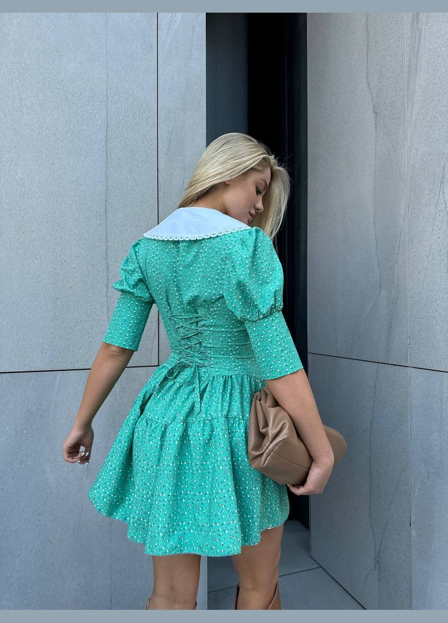 М'ятна ніжна м'ятна сукня із софту+котону зі шнурівкою на спині, коротка сукня з відкритим декольте та коротким рукавом No Brand