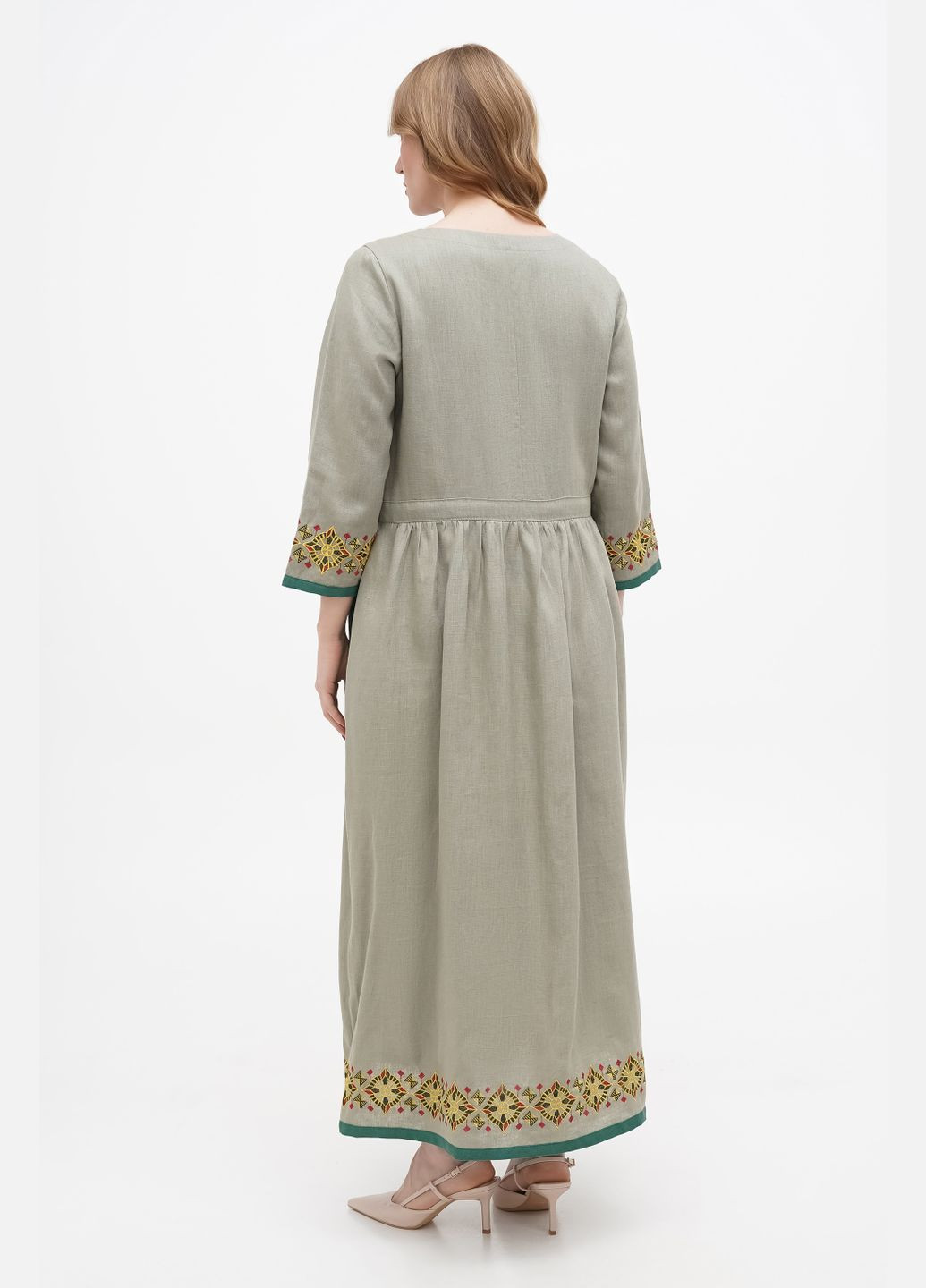 Оливкова (хакі) яскрава максі сукня з льону з геометричною вишивкою та зав'язкою на талії маракеш., р., код 0312/48/1305 ГАЛЕРЕЯ ЛЬОНУ