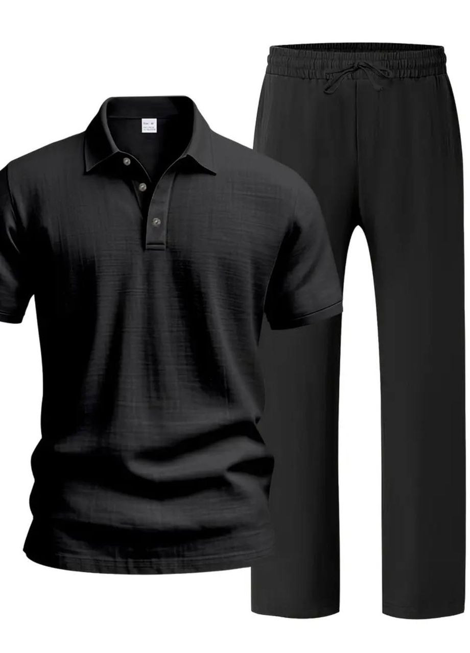Чорний літній чоловічий костюм з льону сорочка-поло та штани вільного фасону брючний MonCher