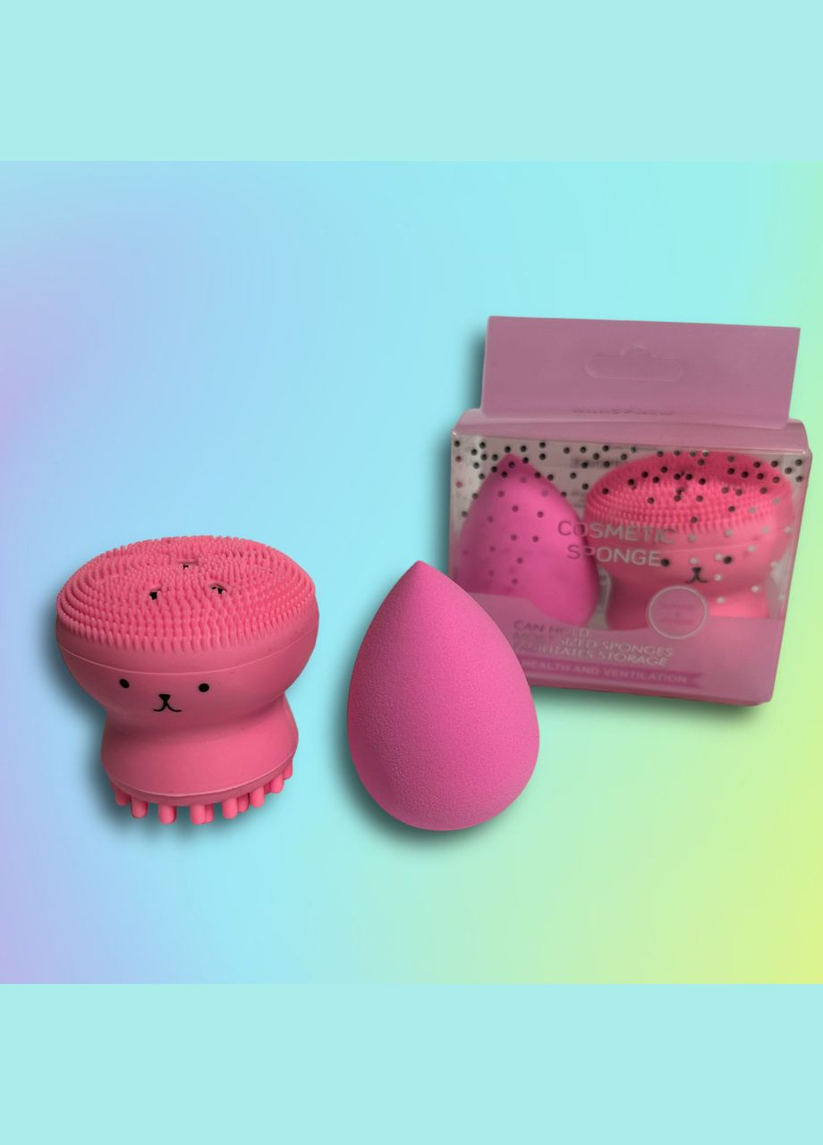 Набір: спонж для макіяжу з ефектом збільшення в розмірі і щітка для очищення обличчя Powder Puff No Brand (302490733)