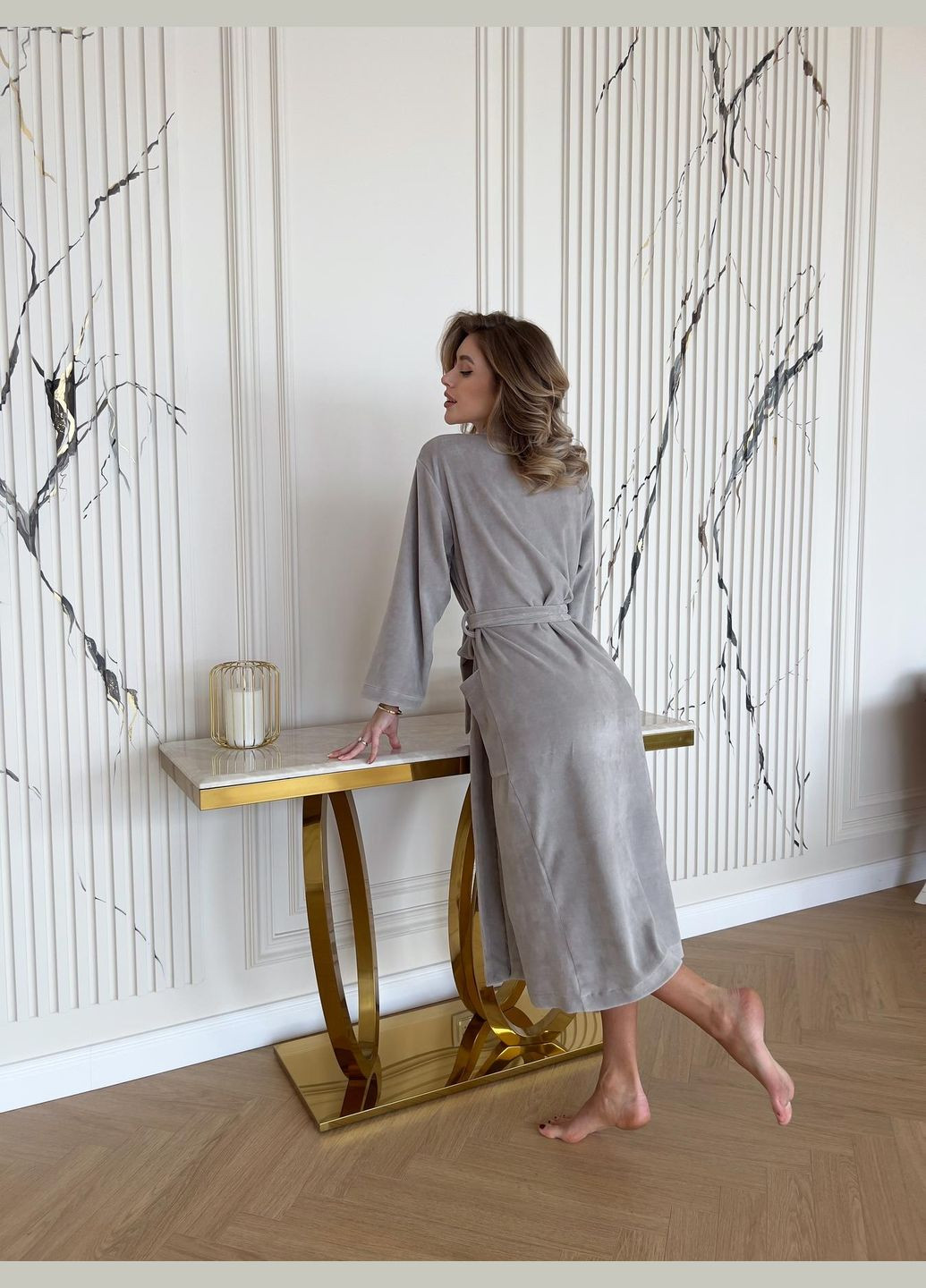 Женский велюровый халат длинный в подарочной упаковке французский серый Cosy (279835424)