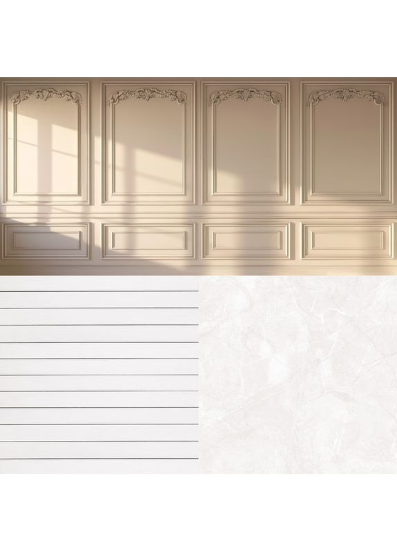 Вініловий фотофон 3D, бежева стіна з тінями, підлога біла дошка і світлий мармур, 60×60 см, №58377 PhotoVinyl (354369514)