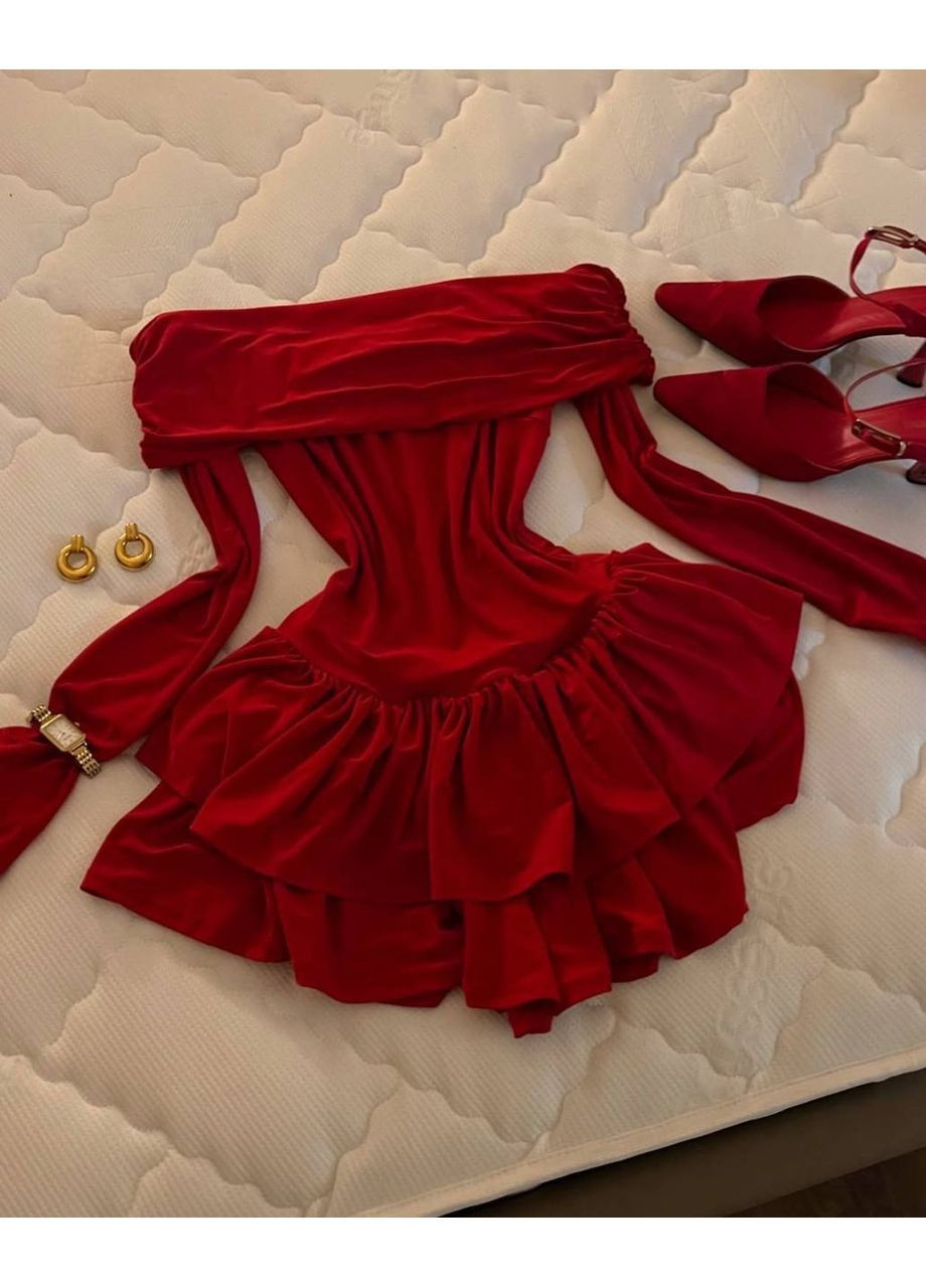 Червона святковий, вечірня, кежуал сукня міні зі спущеними плечима та об'ємними воланами з відкритими плечима MonCher