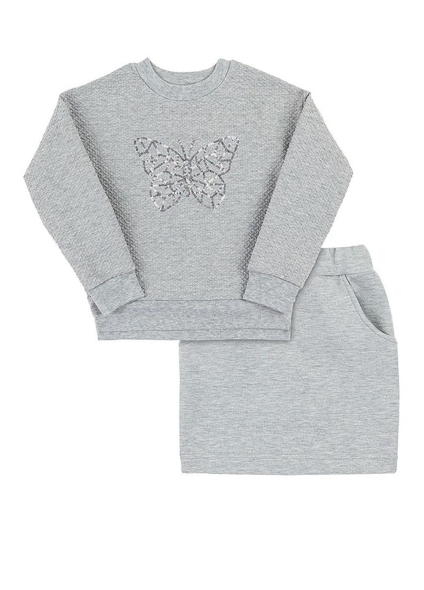 Серый демисезонный костюм для девочки бабочка (свитшот+юбка) интерлок жаккард серый юбочный Україна