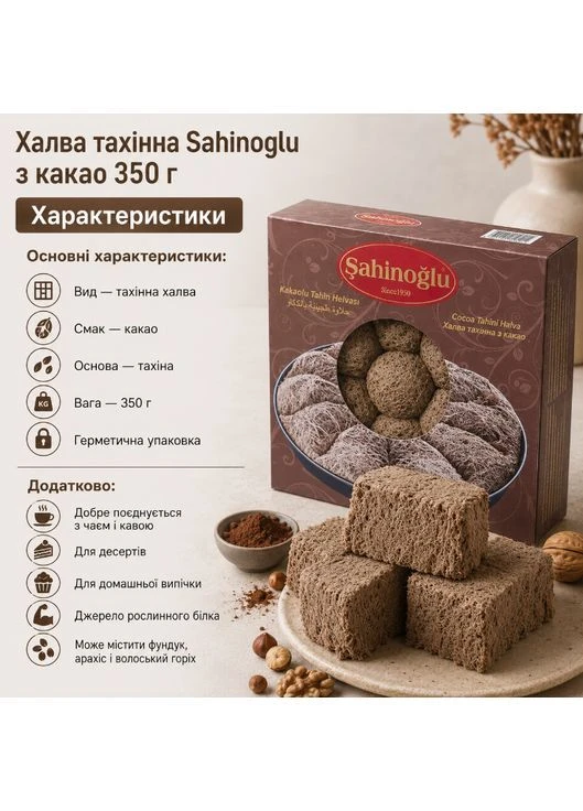 Халва кунжутна тахінна з какао 350 г східний десерт на основі тахіни готова до вживання Sahinoglu (401683963)