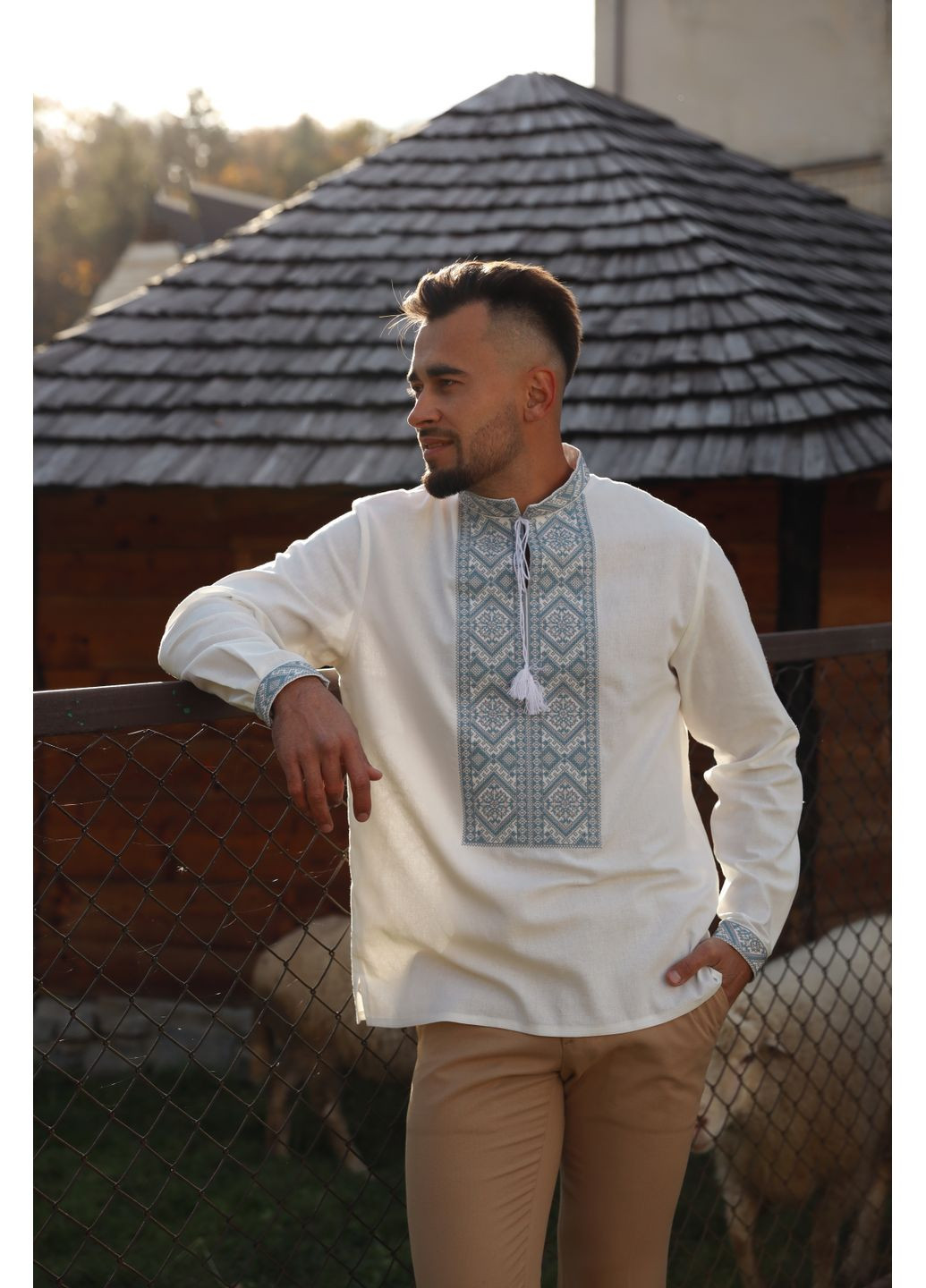 Молочна лляна чоловіча вишиванка тадей сіро-блакитний MOTYV візерунок орнамент льон (361162149)
