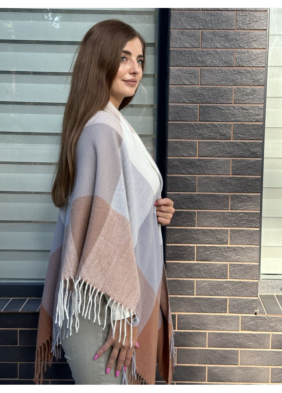 Хустка жіноча тепла в клітинку бежево-сіро-біла велика No Brand (359429703)