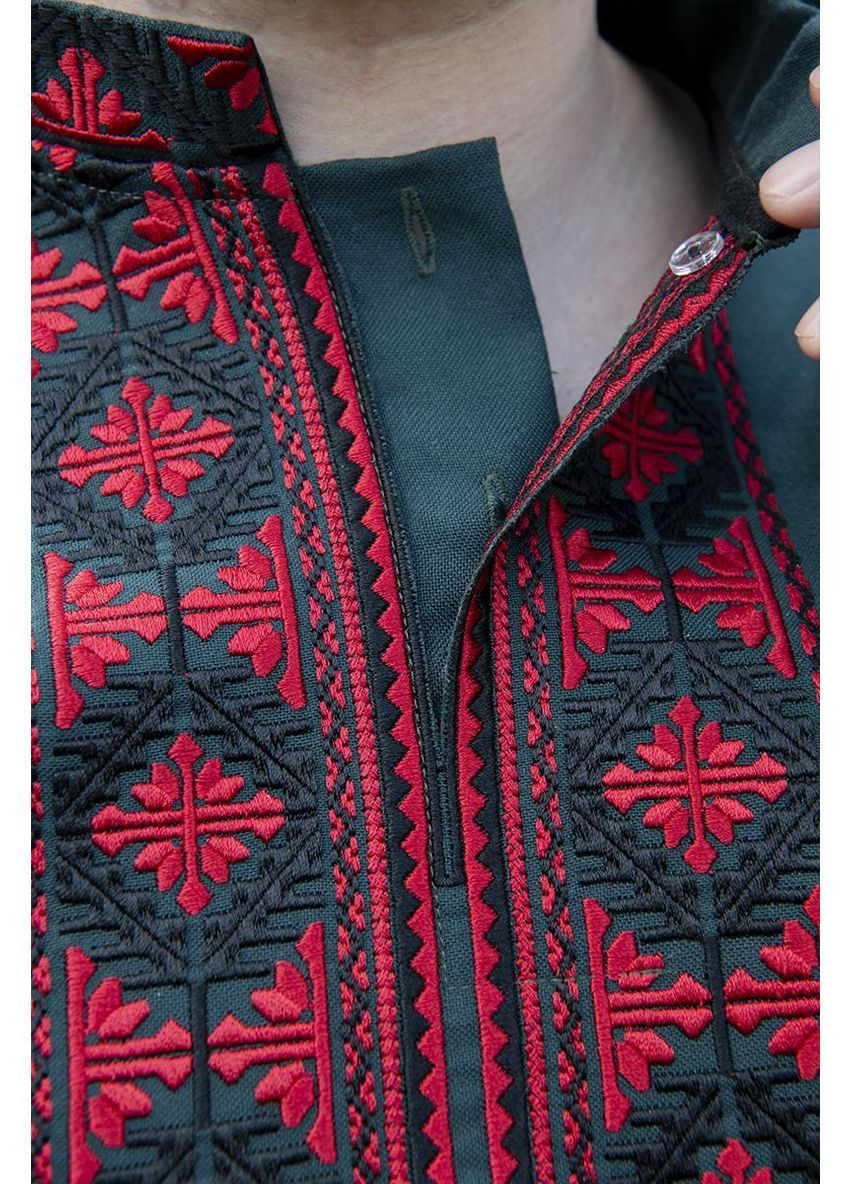 Зелёная мужская вышиванка украинская рубашка из льна традиционная, вышиванка для мужчин V&V узор орнамент прямой, приталенная, свободная лен (366812695)