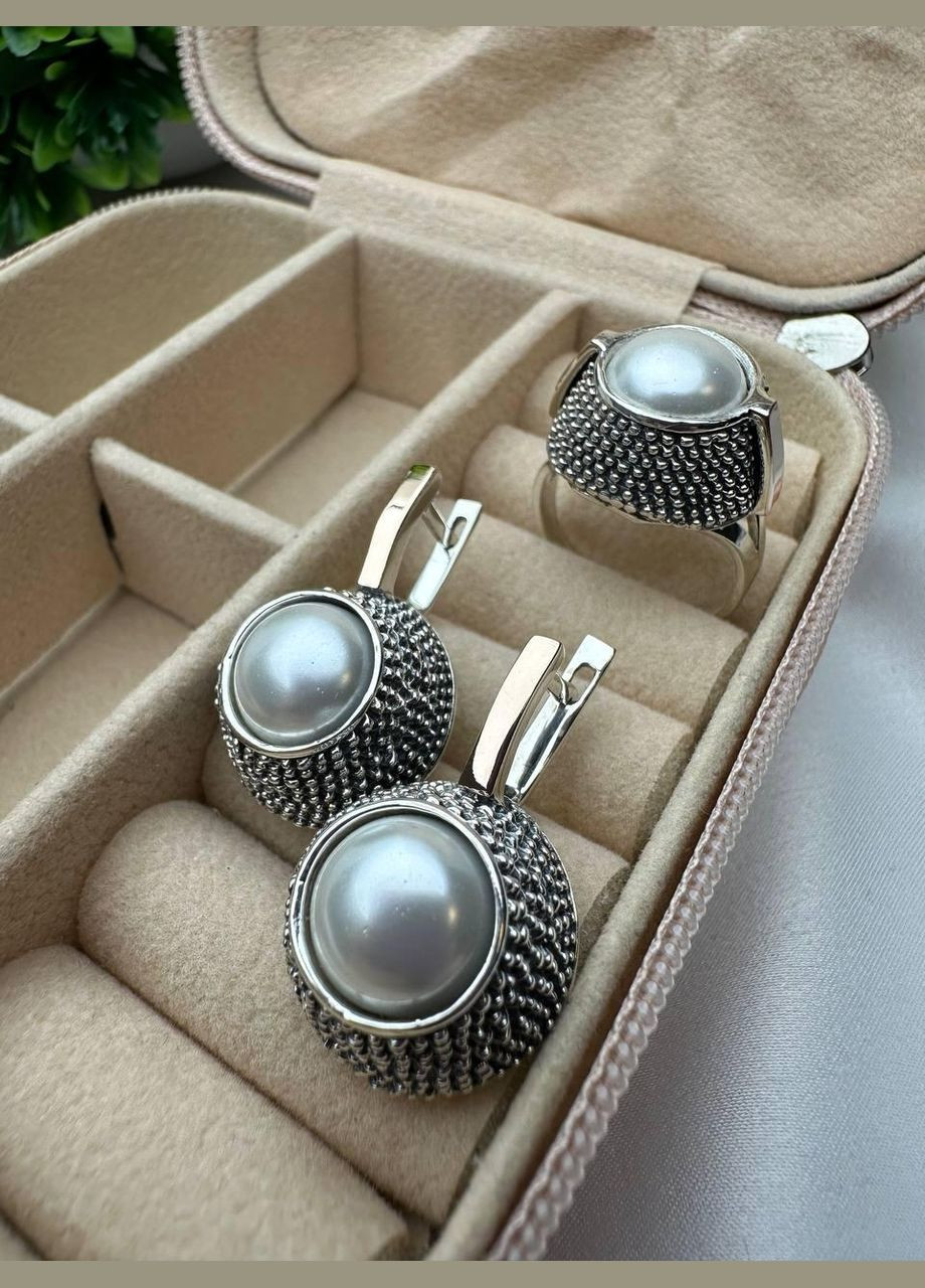 Срібний комплект 925 проба з золотими пластинами 375 проба перлинами Заура каблучка + сережки No Brand (328263979)