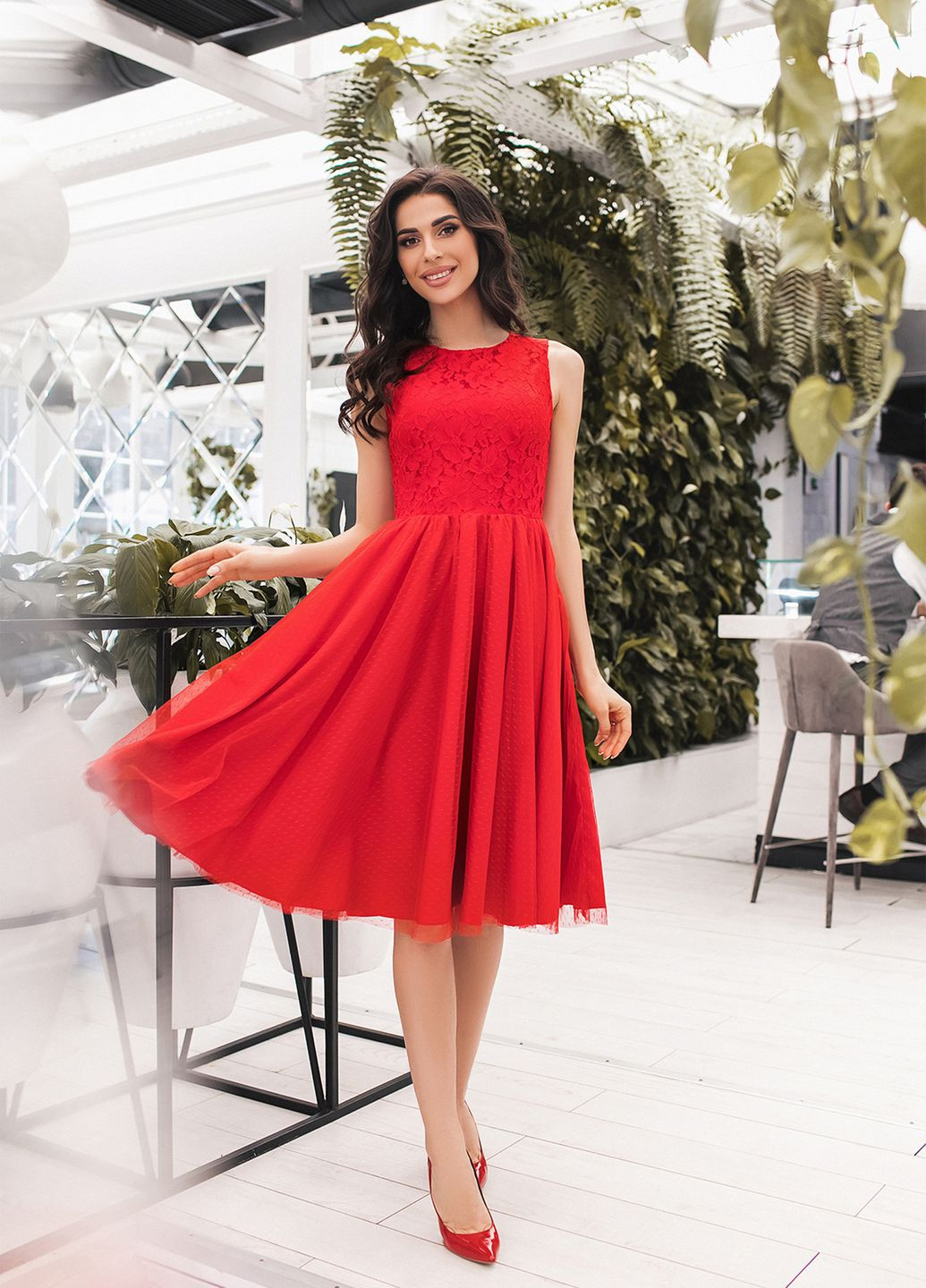 Красное праздничный платье с кружевом клеш No Brand однотонное