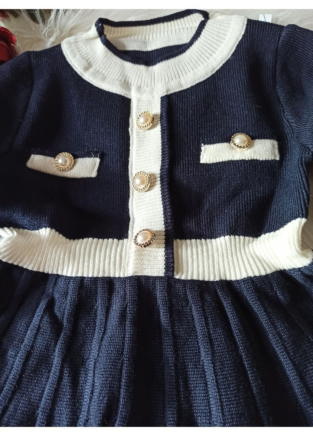 Тёмно-синее вязаное платье для девочки | тёмно-синее | тёплое и эластичное No Brand (366428832)