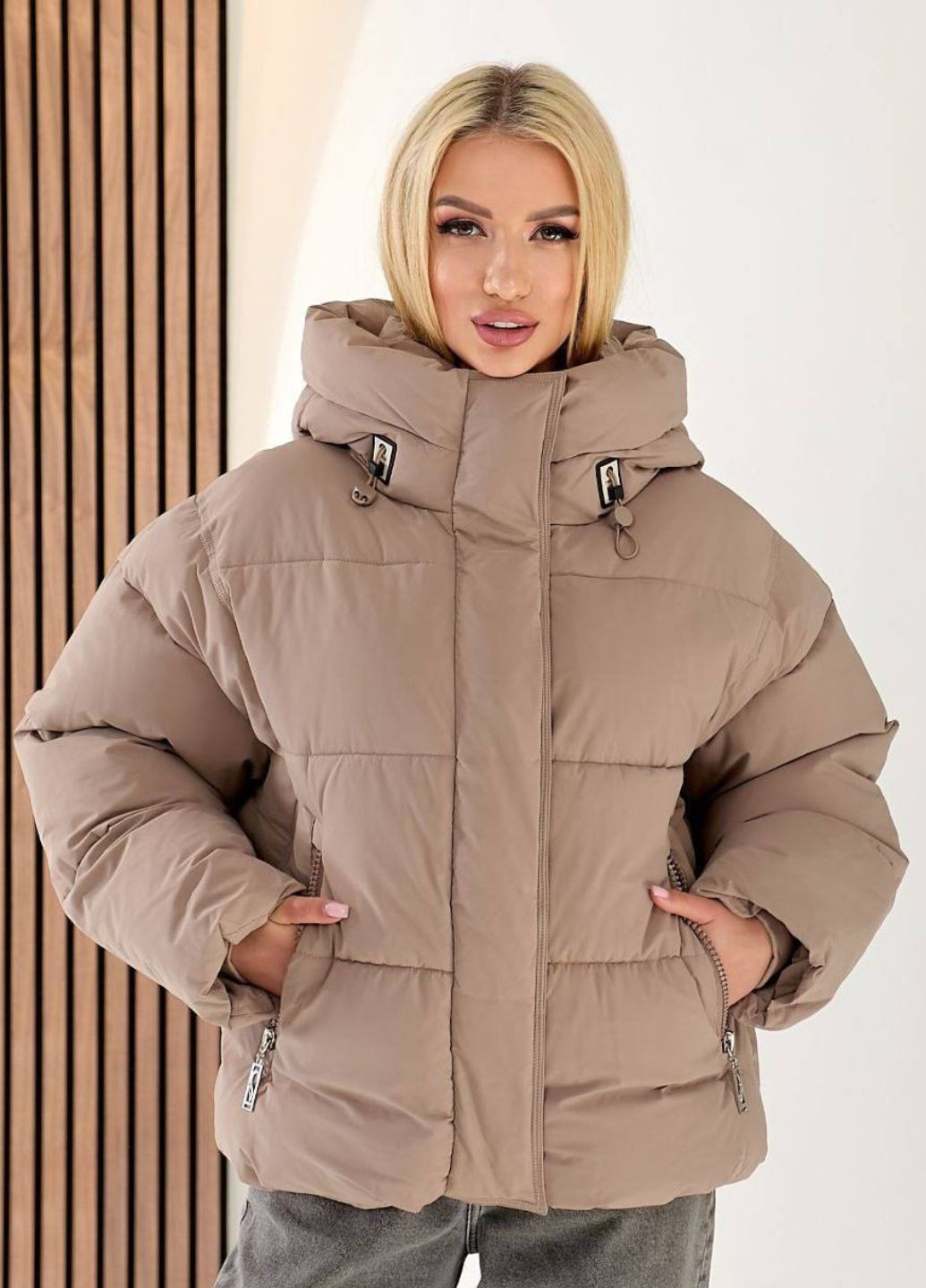 Кавова зимня зимова повсякденна стьобана курточка на блискавці з кнопками, капюшоном та затяжками Tik-Tak