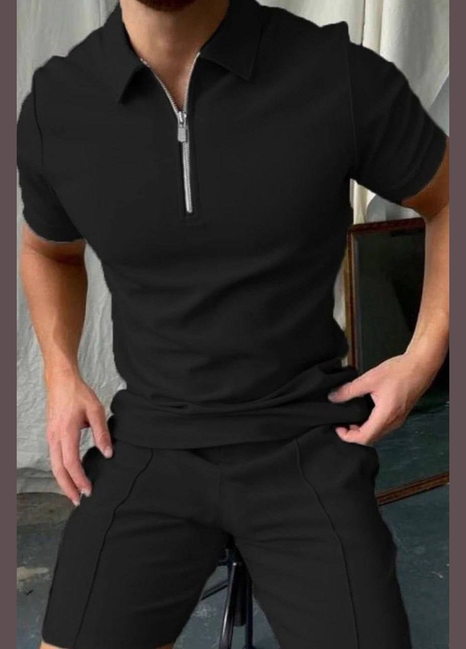 Чорний літній спортивний костюм чоловічий чорного кольору з шортами Let's Shop