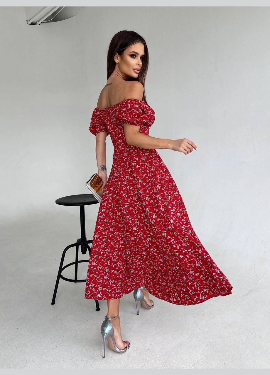 Червона красива літня червона сукня-міді в квітковому принті із софту люкс якості, сукня з відкритим декольте та коротким рукавом No Brand