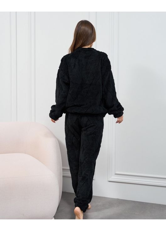 Черная зимняя махровая пижама на эластичных манжетах свитшот + брюки ISSA PLUS