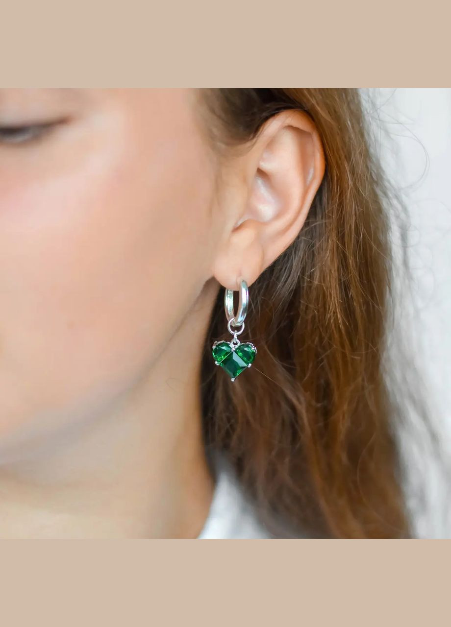 Серьги-подвески Сердце цвет зеленый, фурнитура гипоаллергенный сплав цвет серебро L-35мм No Brand Підвіски (315440132)