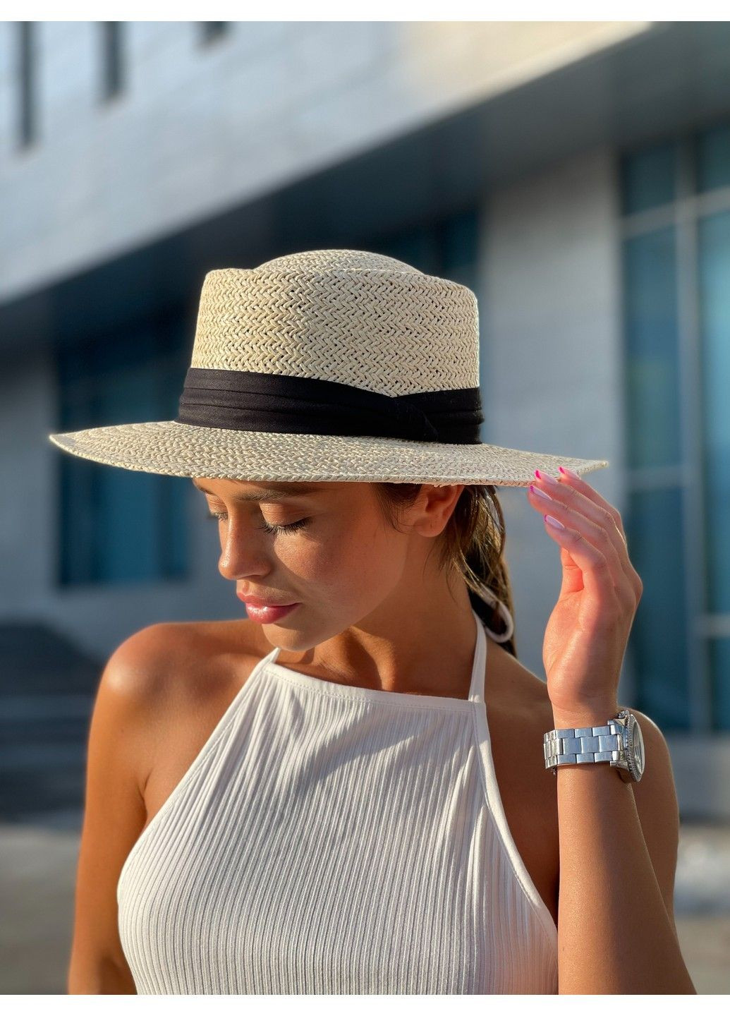 Шляпа женская летняя канотье с широкими полями 8см и лентой No Brand (293061448)
