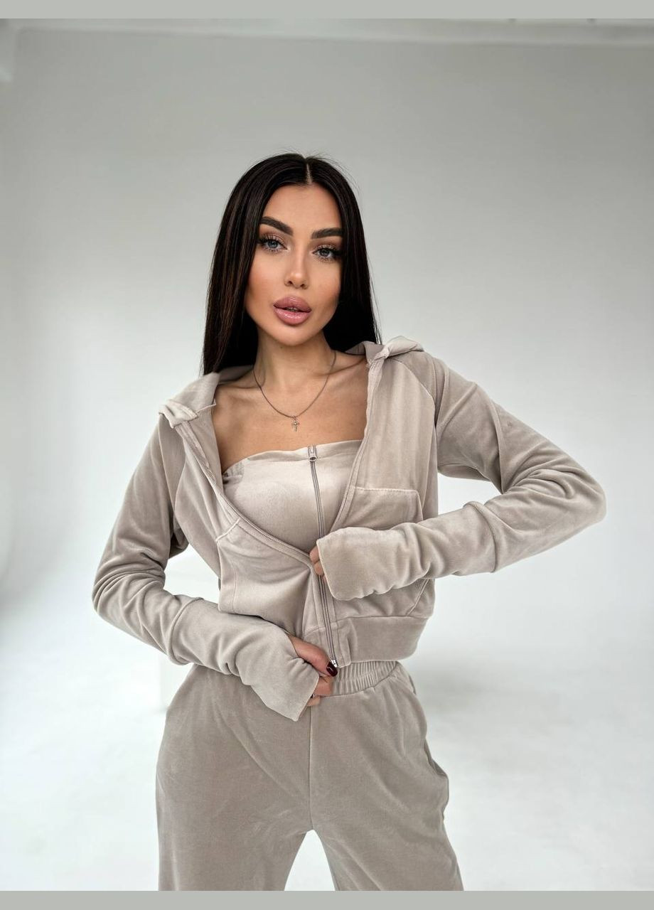 Элегантный бежевый костюм тройка из плюшевого велюра, очень мягенький, тёплый и приятный к телу костюм 3-ка (топ+кофта+штаны) No Brand 671-3 (301842349)