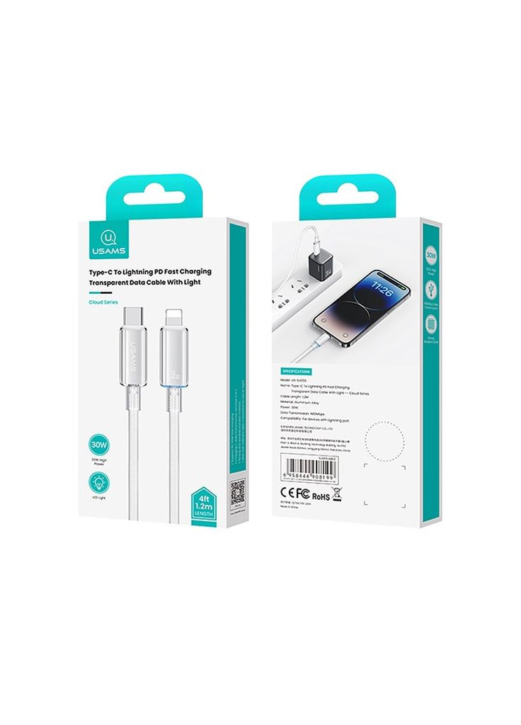 Кабель US-SJ659 Type-C To Lightning PD Fast Charging Transparent Data Cable With Light-Cloud Series 1.2M White USAMS (315481591)