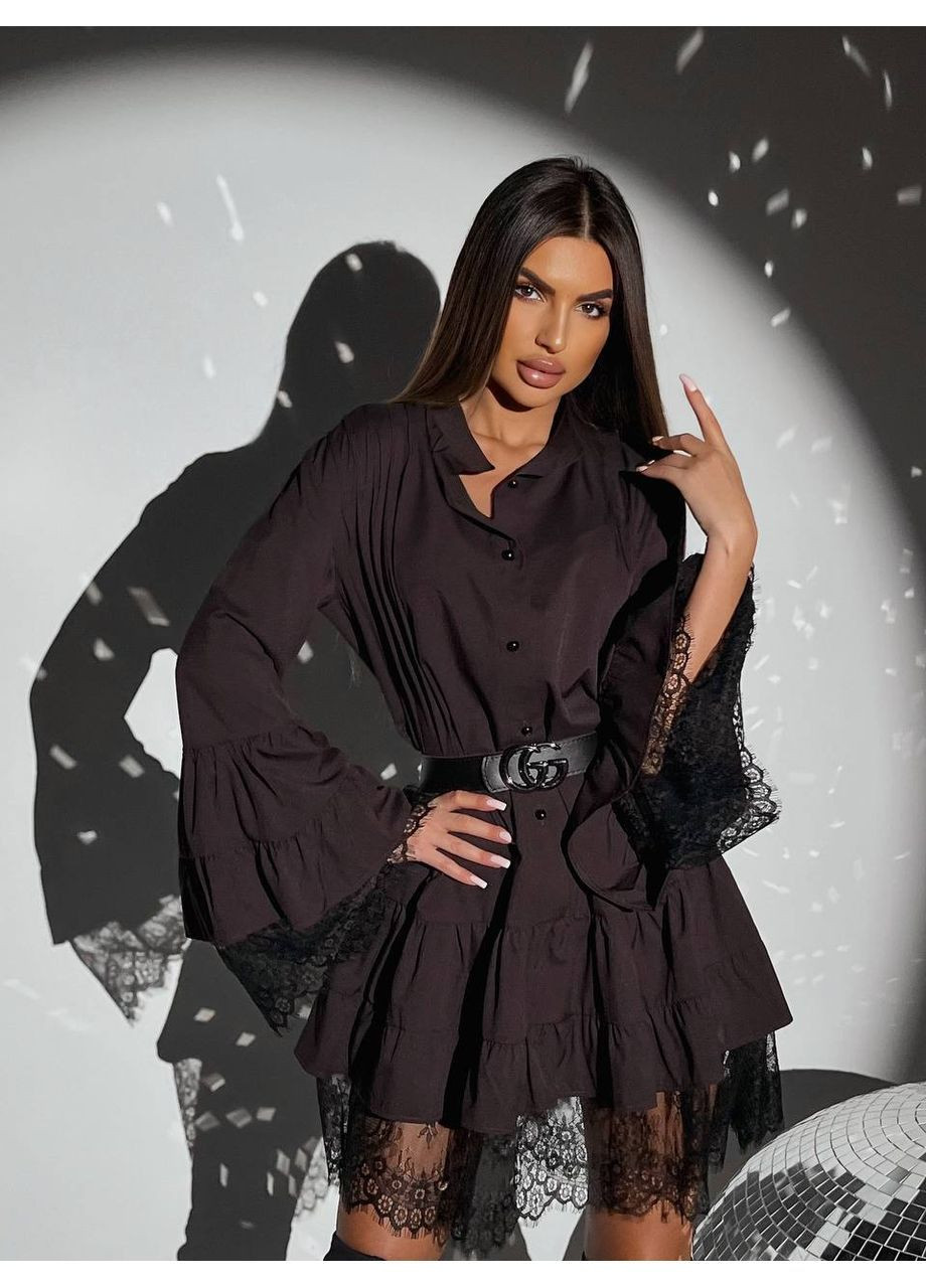 Темно-коричневое праздничный женское платье с поясом и клеш-рукавами. MonCher