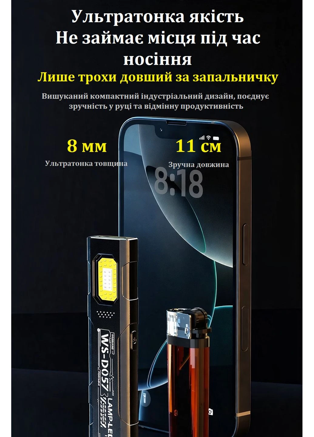 Міні-ліхтар WS-D057 COB 550 lm, ультратонкий 8 мм, Type-C, магніт/кліпса, 5 режимів, до 6 год BTB (372444966)