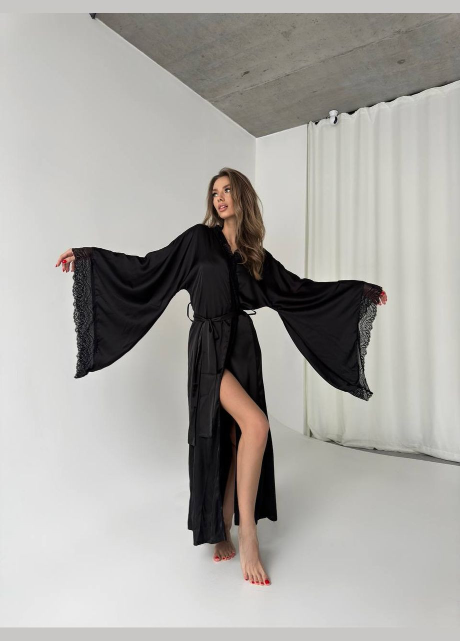 Жіночий довгий вишуканий чорний халат кімоно на запах із мереживом штучний шовк No Brand (315896777)