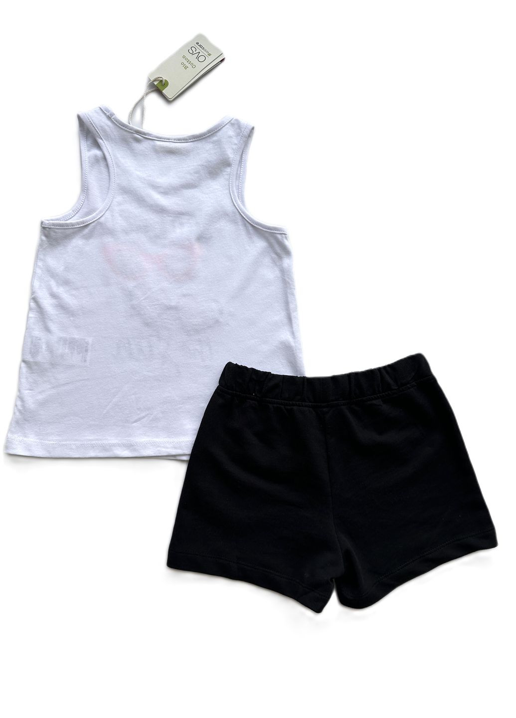 Черно-белый летний комплект костюм для девочки 2000-17 белая майка с очками + шорты трикотажные черные (116 см) OVS