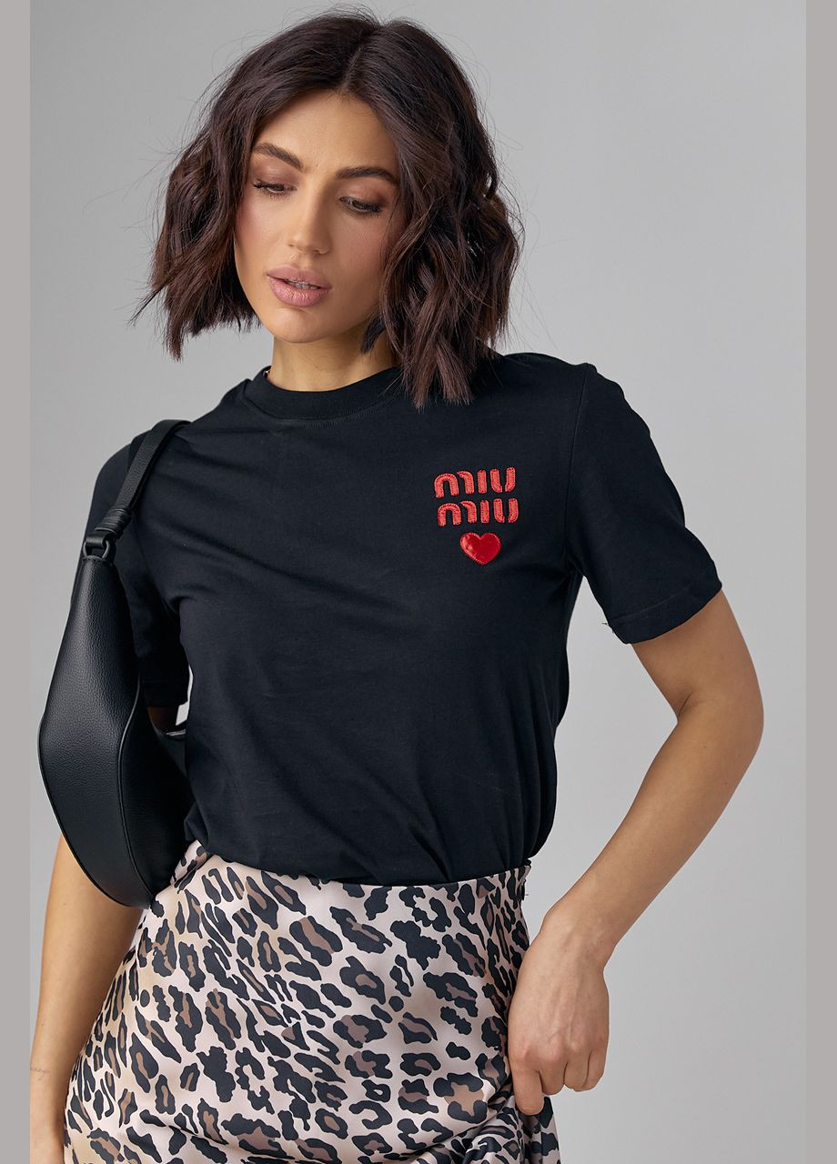 Черная летняя трикотажная женская футболка с надписью miu miu - черный Lurex