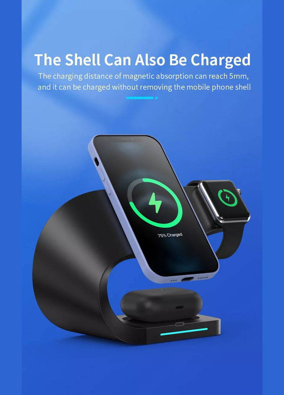 Бездротова зарядка Qi 4 в 1 LFX-178 Wireless 15W I Док-станція для iPhone + iWatch + Airpods Black VHG (334305017)