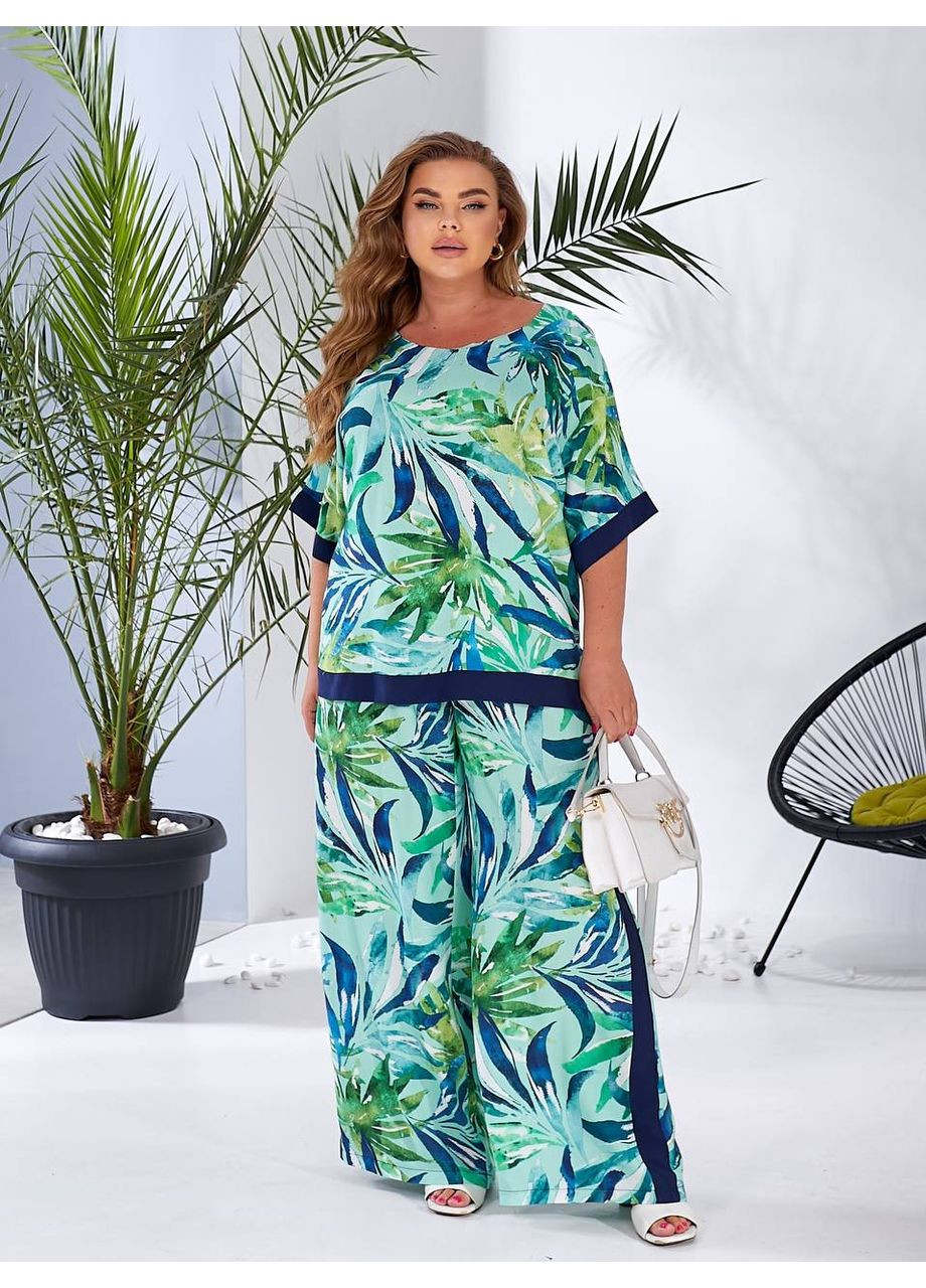 Жіночий костюм двійка з штапелю колір м'ята принт New Trend (304972792)