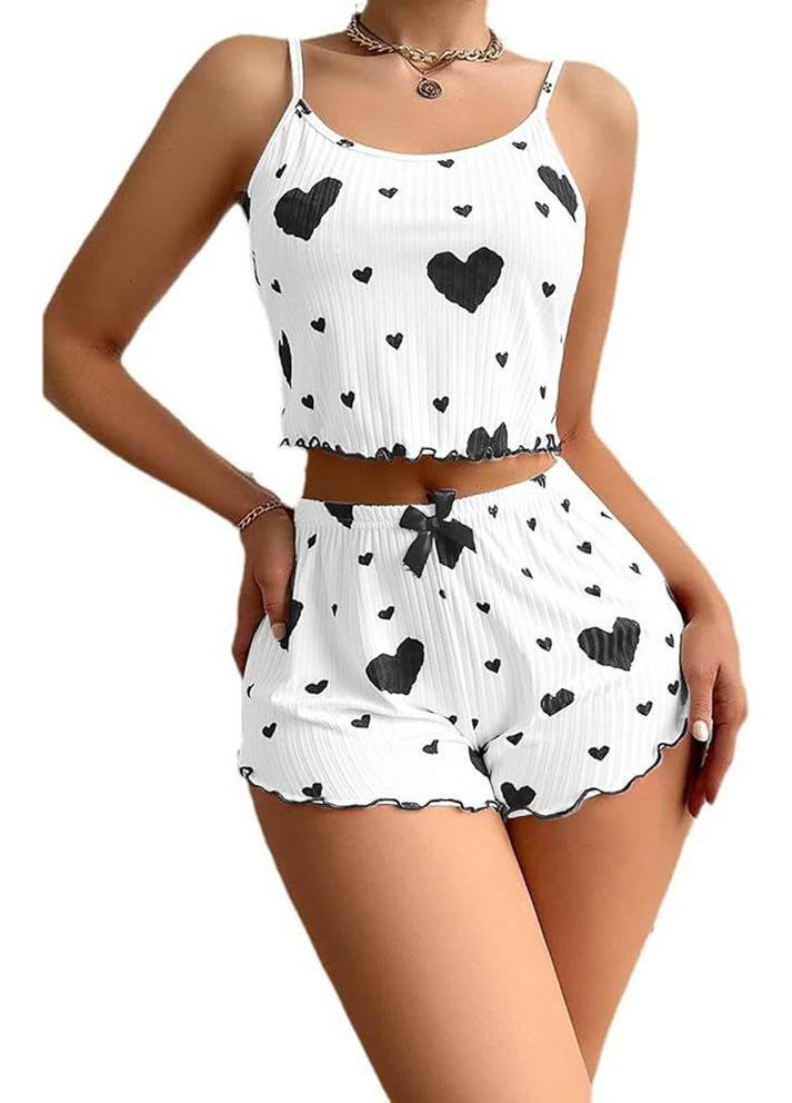 Біла всесезон комплект піжамний домашній жіночий в рубчик серцепад з шортами білий No Brand Серцепад шорти