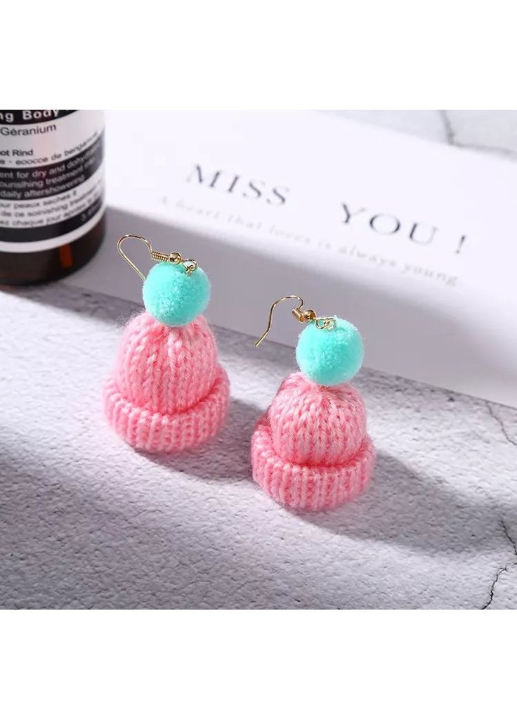 Серьги/сережки вязанные шапочки зимние новогодние «Winter mood» (розово-бирюзовый) China (366875018)