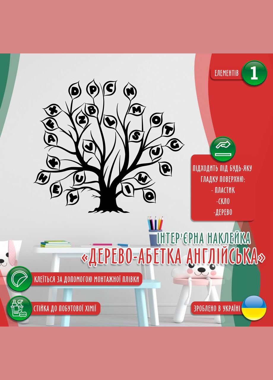 Вінілова інтер'єрна на стіну та інші поверхні "Дерево з літерами. Англійська абетка" з Кавун наклейка (316190062)