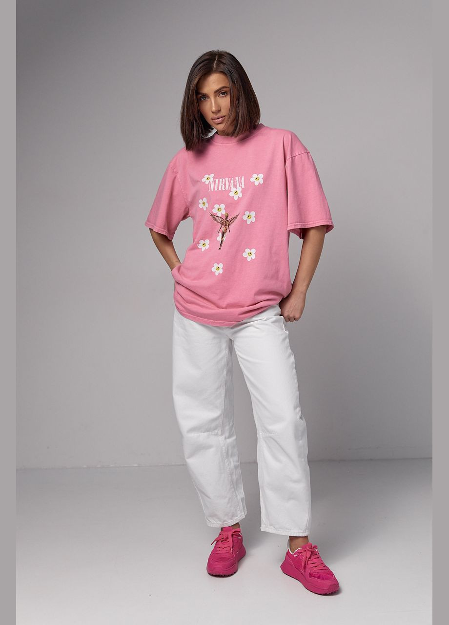Розовая летняя футболка tie-dye с принтом nirvana 13451 с коротким рукавом Lurex