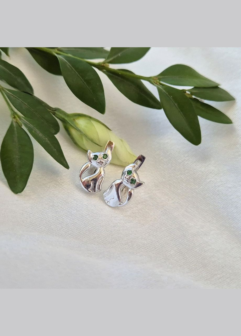 Серебряные сережки серьги Кот с Зелеными глазами серебро 925 пробы Родированное арт. 5802р 2.60г No Brand (327878546)