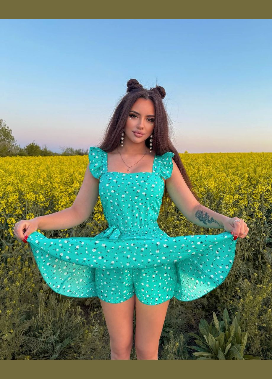 Комбинезон No Brand комбинезон-шорты цветочный мятный кэжуал, коктейльный софт