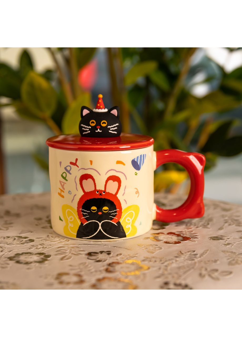 Чашка фарфоровая с крышкой Kitten's Birthday 400 (мл) подарочная кружка прикольная чашка для детей на подарок FM-24C Yiwu (370974018)