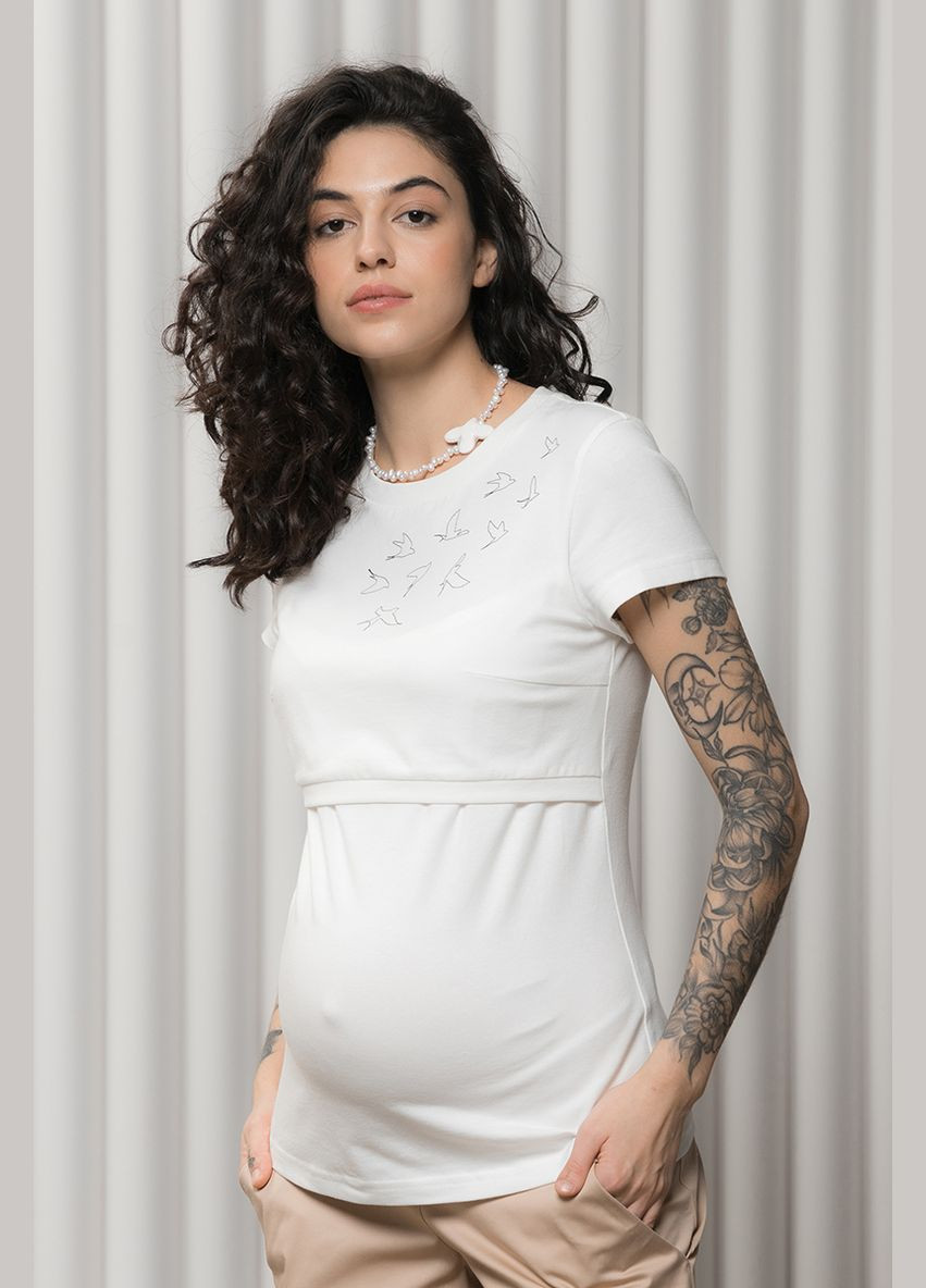 Белая стильная футболка для беременных и кормящих из тонкого хлопкового трикотажа Юла мама