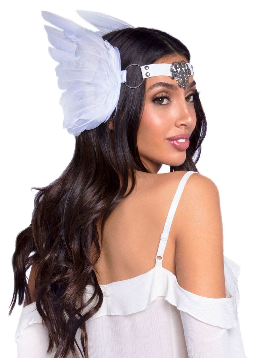 Пов’язка на голову з крилами Feather headband White, пір’я та натуральна шкіра CherryLove Leg Avenue (282709994)