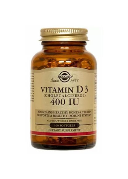 Витамин Д3, Vitamin D3 400 IU,, 400 МЕ, 100 гелевых капсул (SOL03320) Solgar (266038840)