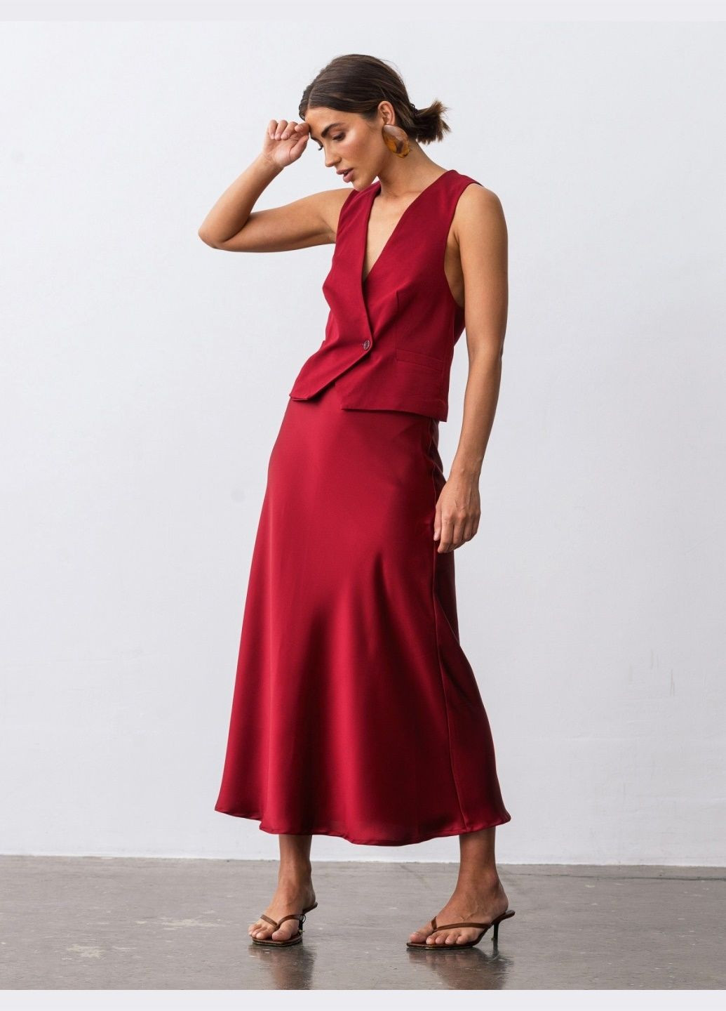 спідниця-трапеція бордового кольору із сатин-шовку Dressa (301641667)