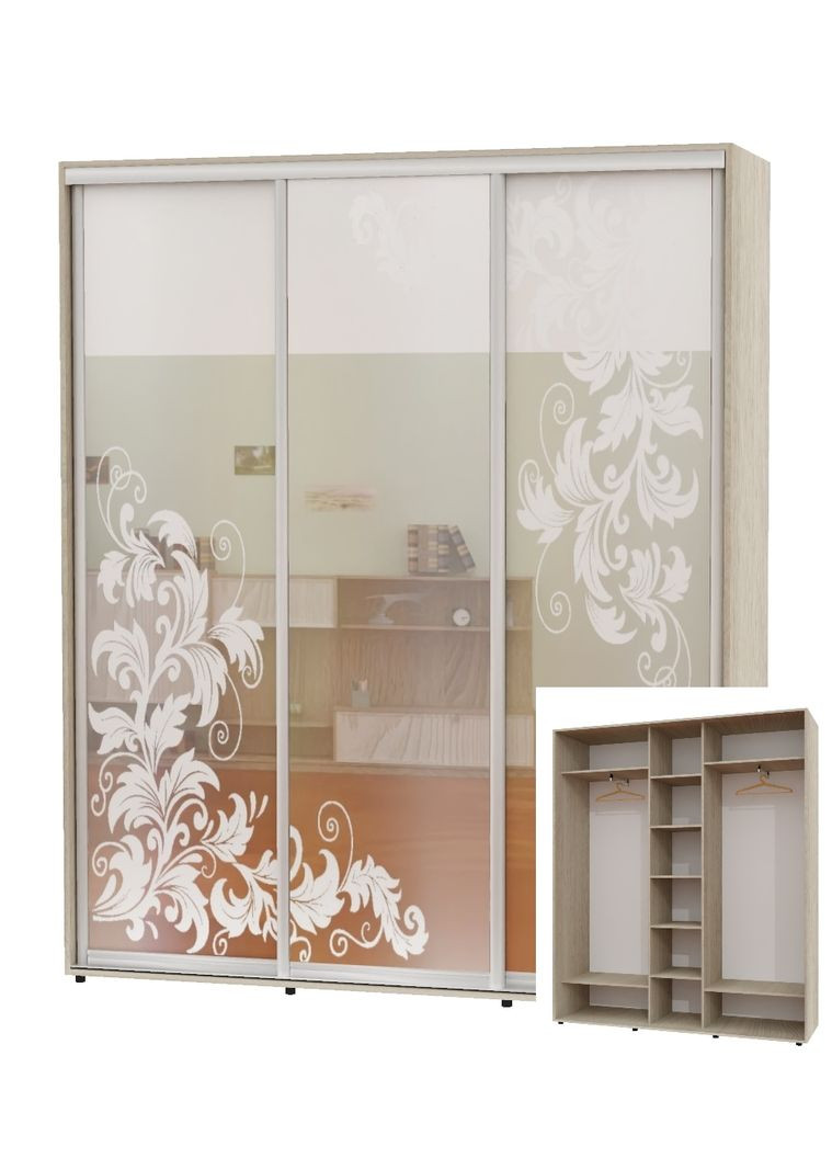 Шафа-купе тридверна 200*45*240 Дуб Шамони світлий Дзеркало з піскострумним малюнком ШК-04 Алекса (360440200)