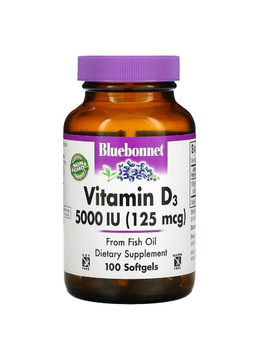 Витамин D3 5000IU (125 мкг), Vitamin D3,, 100 желатиновых капсул Bluebonnet Nutrition (326054553)
