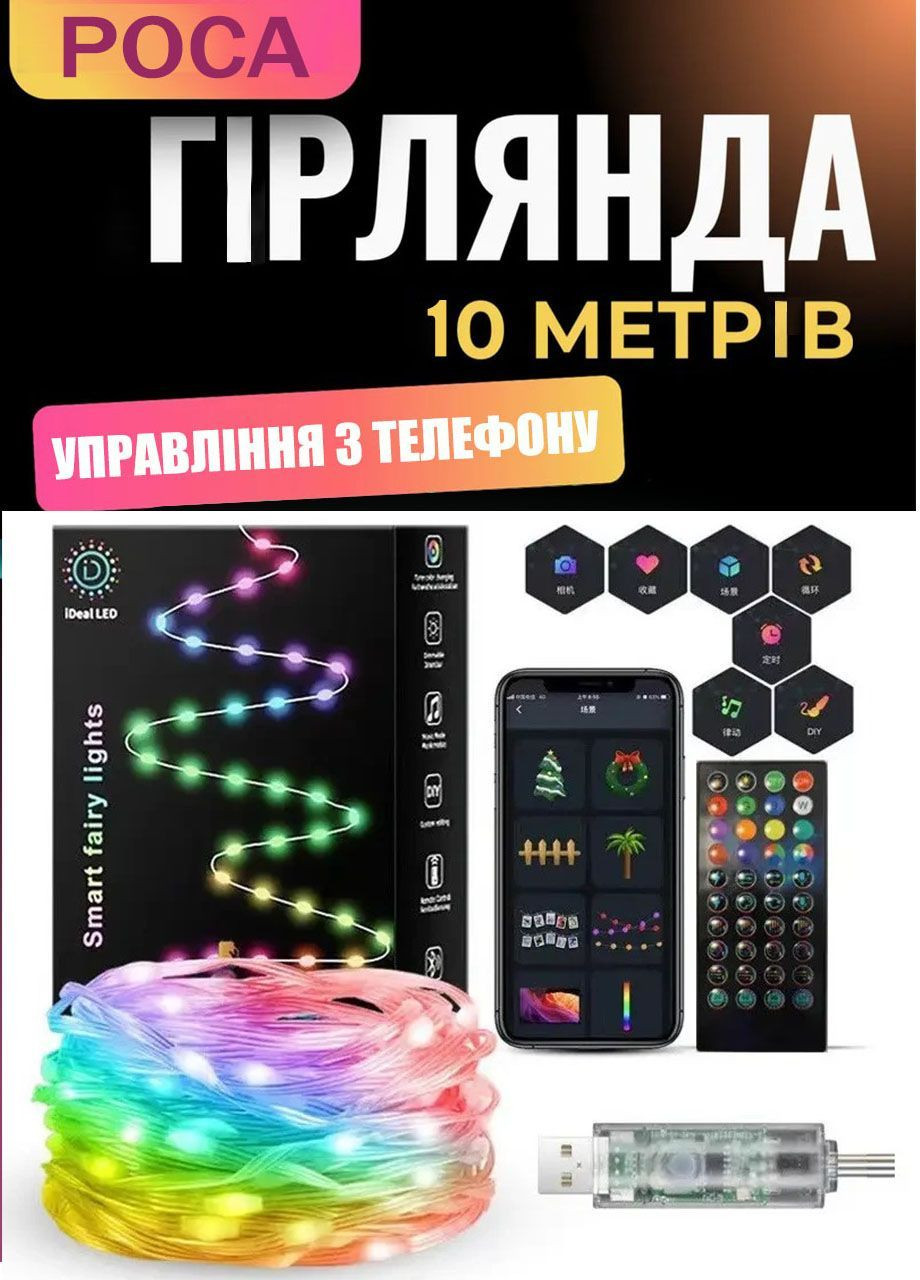 Гірлянда новорічна крапля роси LED SFK-04 з Bluetooth-керуванням USB з пультом та керуванням з телефону 10м Good Idea (367075853)