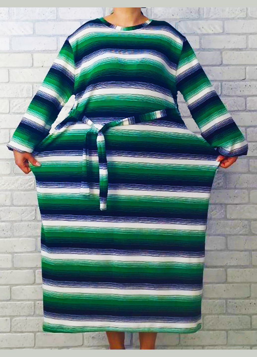 Комбінована сукня жіноча супер батал великого розміру з довгим рукавом, зимовий теплий акрил з поясом, в широку смужку No Brand