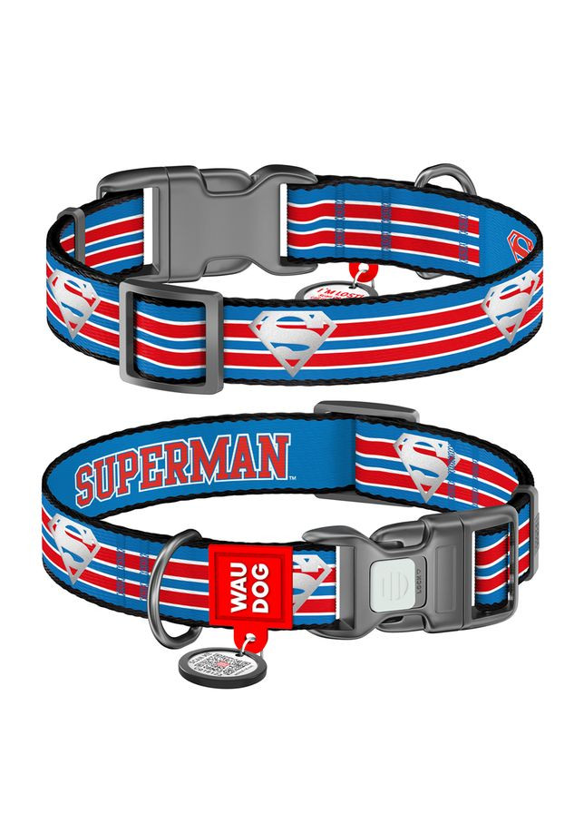 Нашийник для собак нейлоновий Nylon c QR паспортом, світловідбиваючий, малюнок "Супермен Ретро", S, Ш 15 мм, Дл 25-35 см WAUDOG (330245338)
