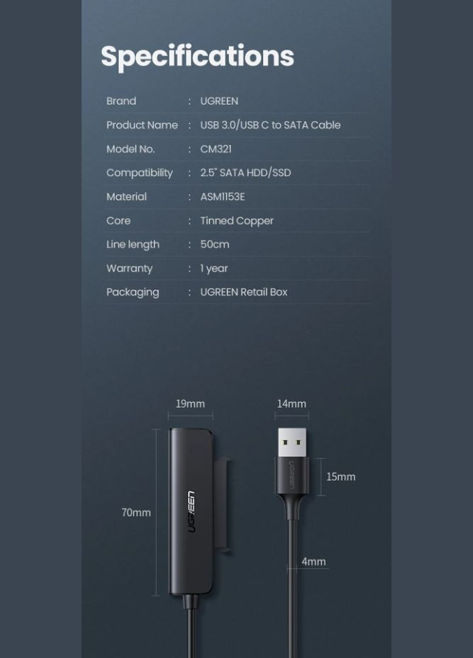 Переходник CM321 с USB 3.0 на SATA для дисков HDD, SSD 2.5' (70609) Ugreen (300523757)