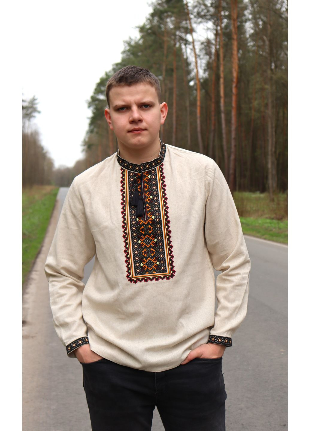 Бежева лляна чоловіча вишита сорочка бежева бабусина MOTYV візерунок орнамент льон (360899631)