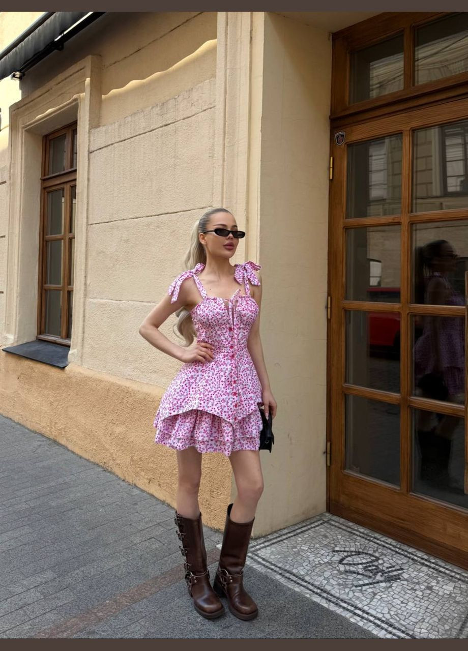 Розовое коктейльное, деловое, повседневный, кэжуал, вечернее женское платье с баской FINO Mode с цветочным принтом